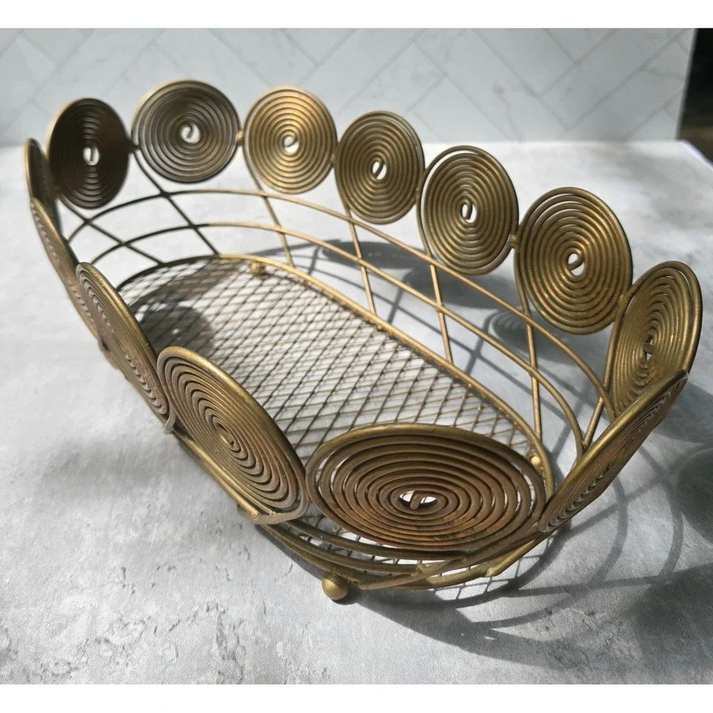 Vintage MCM Atomic Brass Tone Spiral Wire Basket Mid Century Modern Centerpiece